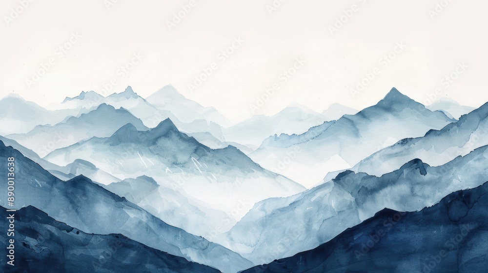 Obraz premium Monochromatic watercolor painting of mountain ranges with ample white space, ideal for adding text or designs, offering a minimalist and serene aesthetic.