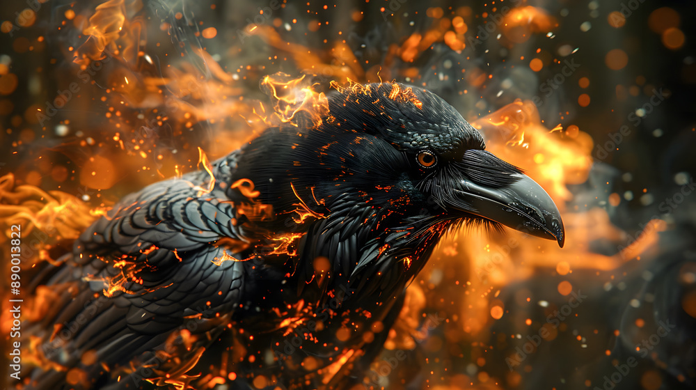 A raven with black flames enveloping its body A raven with black flames enveloping its body