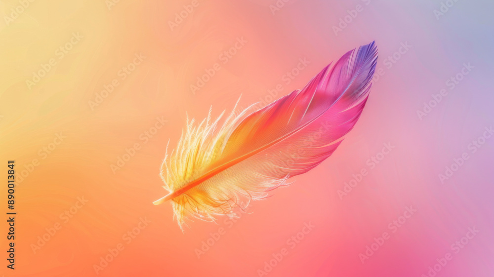 Colored bird feather floating in air on gradient background copy space Colored bird feather floating in air on gradient background copy space