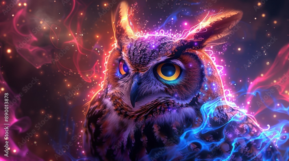 Close-up illustration of a celestial owl bathed in colorful neon light, blending mystical and modern elements in a captivating image. Close-up illustration of a celestial owl bathed in colorful neon light, blending mystical and modern elements in a captivating image.