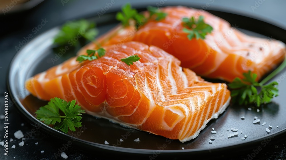 Two pieces of fresh salmon with parsley garnish on a black plate, showcasing culinary simplicity and elegance. Two pieces of fresh salmon with parsley garnish on a black plate, showcasing culinary simplicity and elegance.