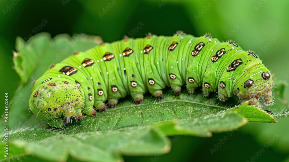 Naklejka premium A green caterpillar crawling on a vibrant green leaf, showcasing the beauty of nature.