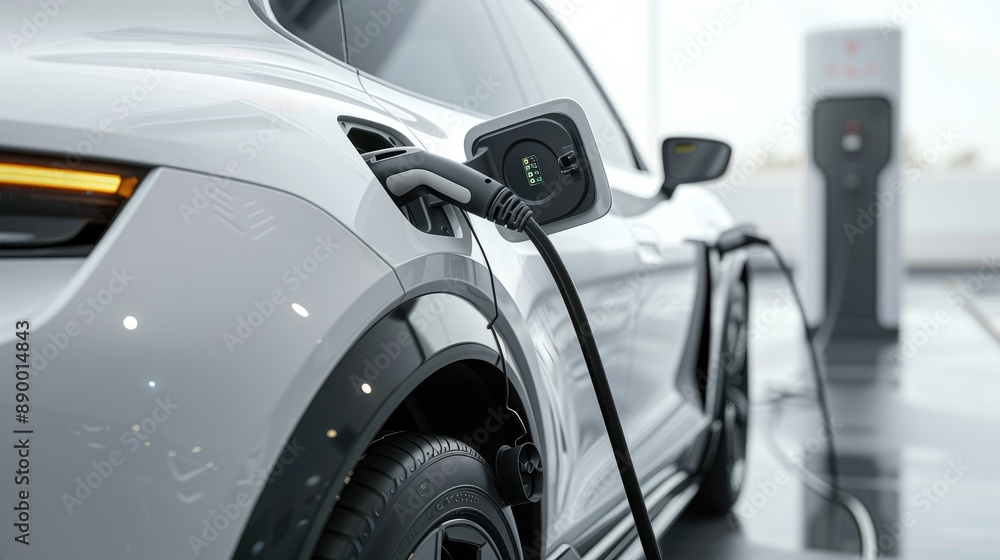 Close-up of an electric car being charged with a plug inserted into the charging port. Close-up of an electric car being charged with a plug inserted into the charging port.