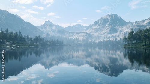 A tranquil lake with a reflection of the mountains.