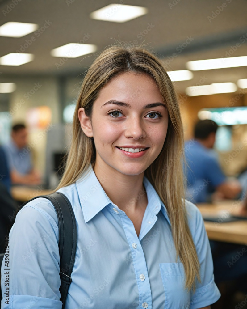 Young woman smiling in an office environment Young woman smiling in an office environment