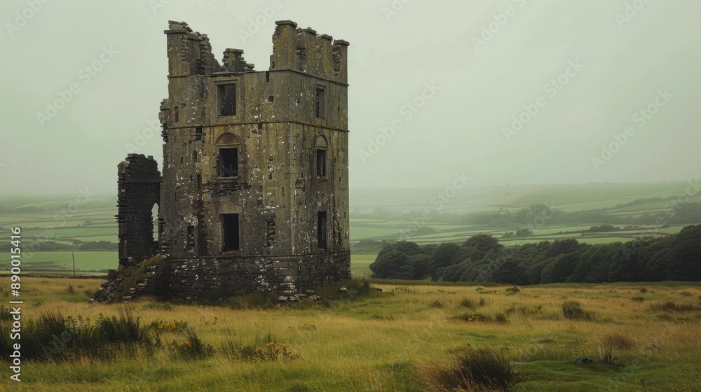 A photorealistic ruined tower standing in a grassy field, capturing a sense of history and decay. A photorealistic ruined tower standing in a grassy field, capturing a sense of history and decay.