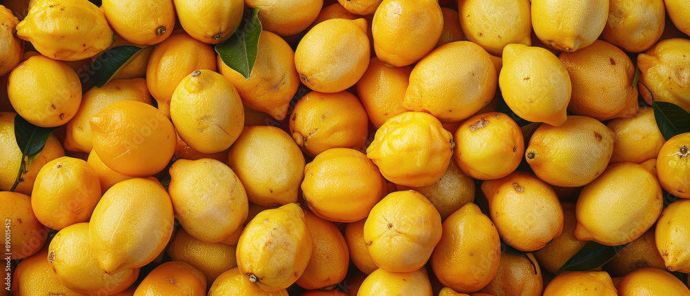 View of a bunch pile of fresh yellow Lemon fruits with neatly stacked leaves arranged from above on a wide flat textured background