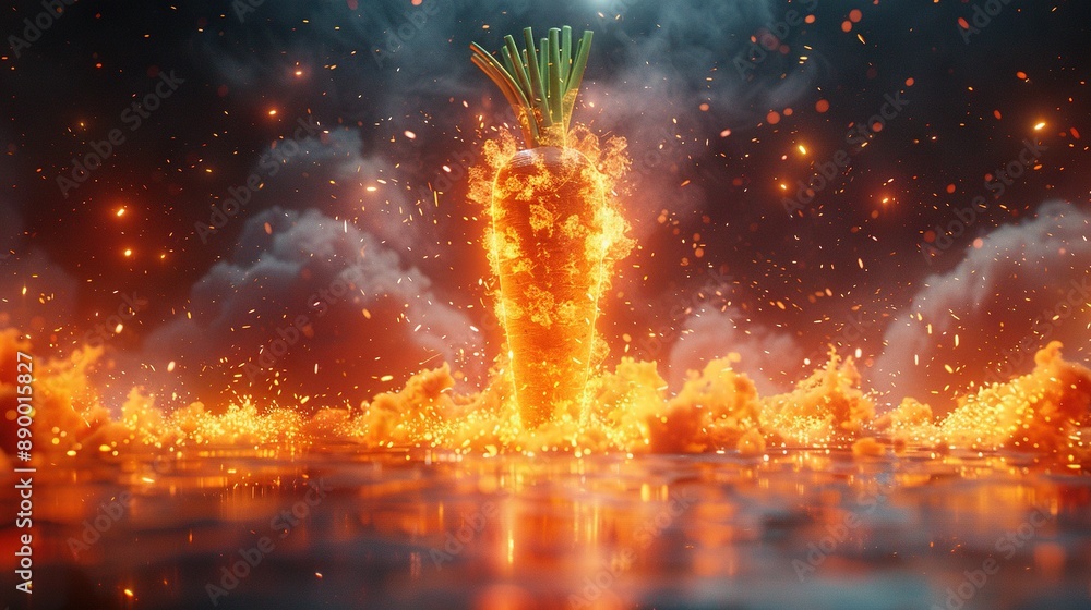 Painting of fiery vase on water surface with flames emerging from top Painting of fiery vase on water surface with flames emerging from top