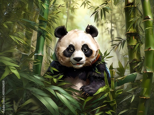 Illustrate a 3D realistic scene of a panda in a bamboo forest, detailed with natural textures and surroundings. photo