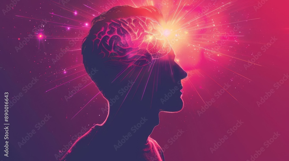 Fototapeta premium Silhouette of a man with a glowing brain, symbolizing creativity and intelligence in a vibrant, cosmic-themed background.