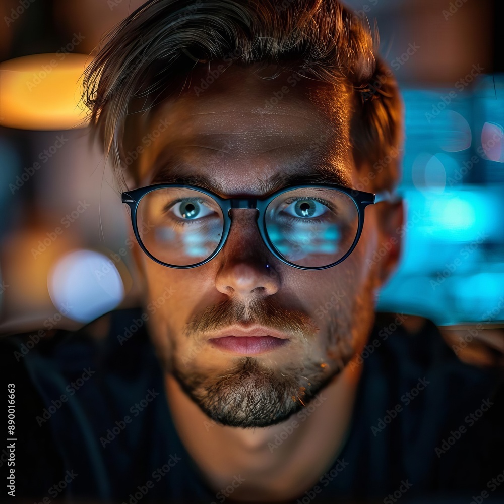Focused young man with glasses working late at night, illuminated by computer screen, deep in thought, modern workspace background. Focused young man with glasses working late at night, illuminated by computer screen, deep in thought, modern workspace background.