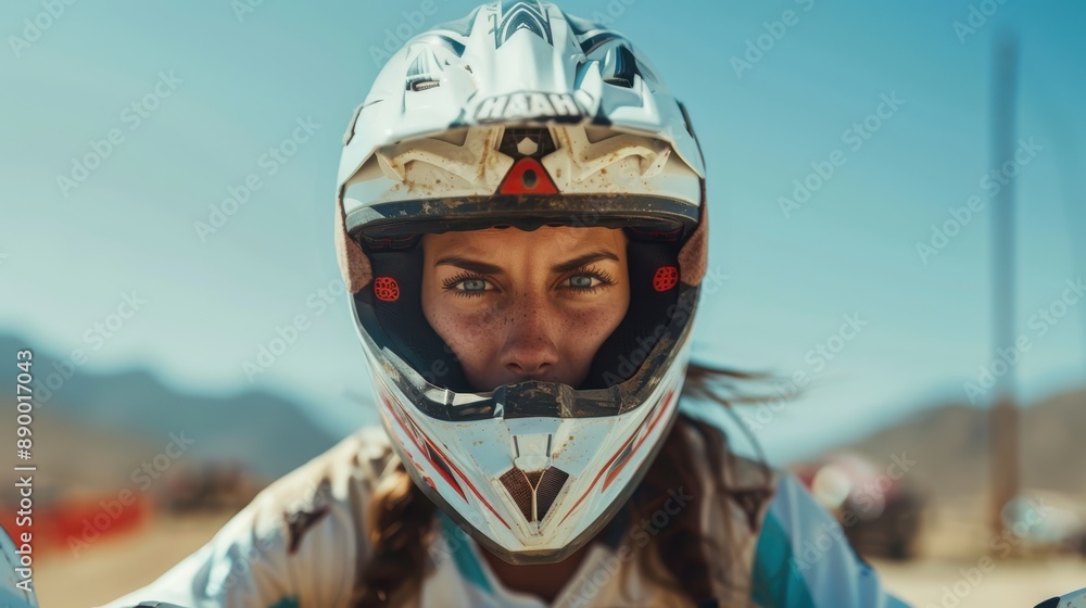 Female rider wearing a full-face helmet from view close up. Focused dedicated eyes. Female rider wearing a full-face helmet from view close up. Focused dedicated eyes.