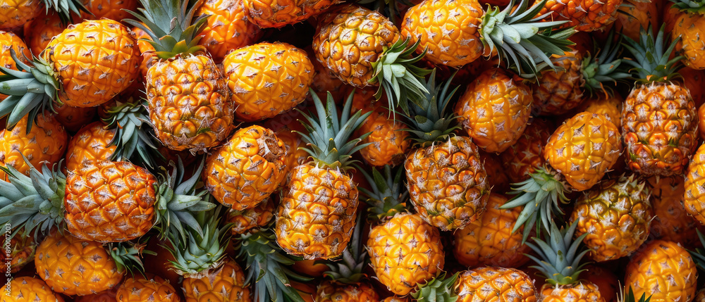View of a bunch pile of fresh Pineapple fruits with neatly stacked leaves arranged from above on a wide flat textured background View of a bunch pile of fresh Pineapple fruits with neatly stacked leaves arranged from above on a wide flat textured background