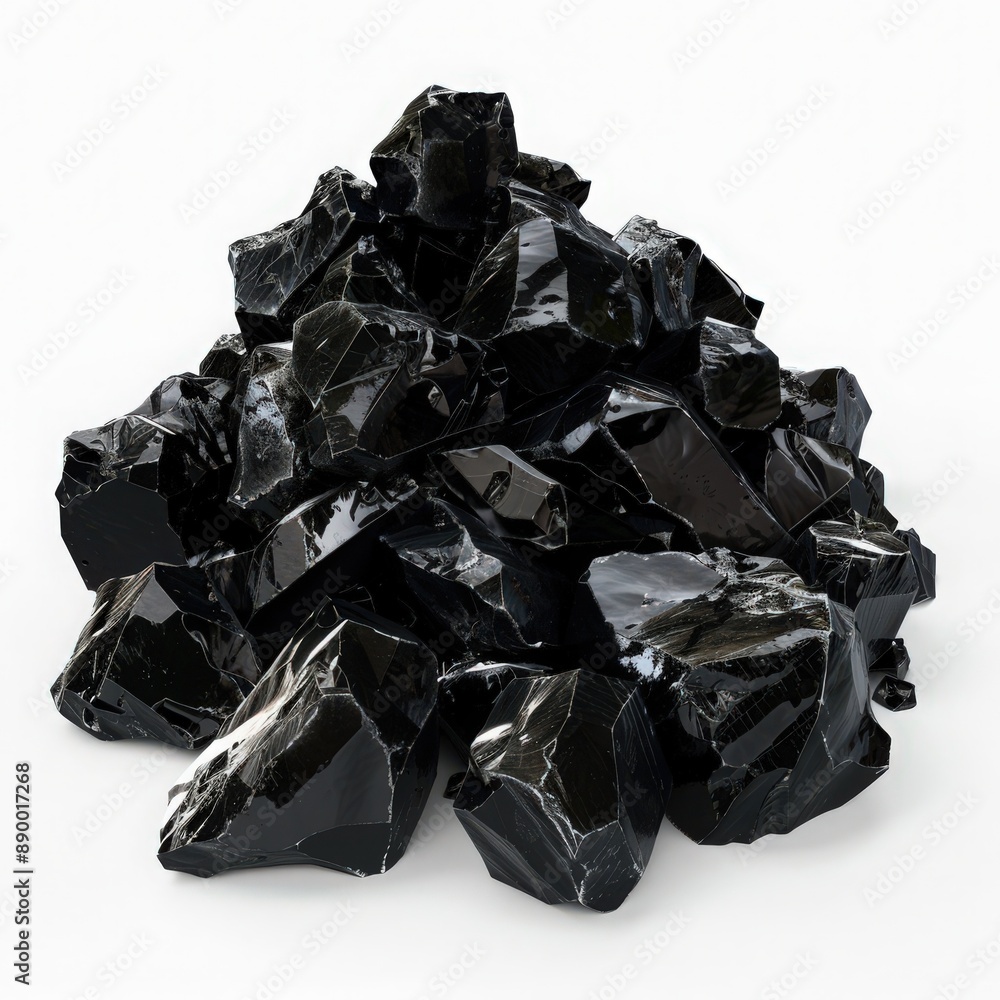 A heap of raw obsidian rocks, raw material, hyperrealistic rendering, shiny black, isolated on white background A heap of raw obsidian rocks, raw material, hyperrealistic rendering, shiny black, isolated on white background