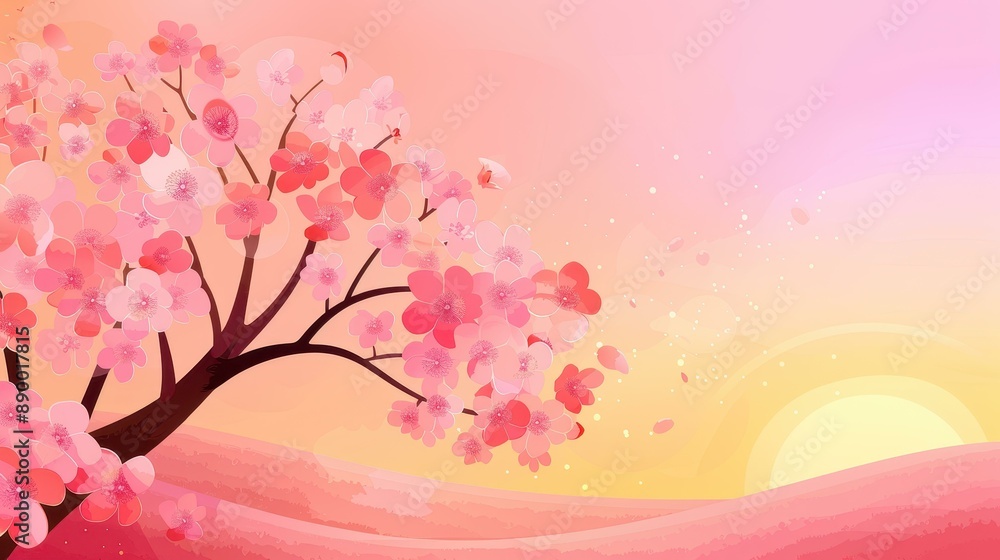 Fototapeta premium Vintagestyle watercolor painting of an icy landscape with cherry tree and blossoms at sunset.