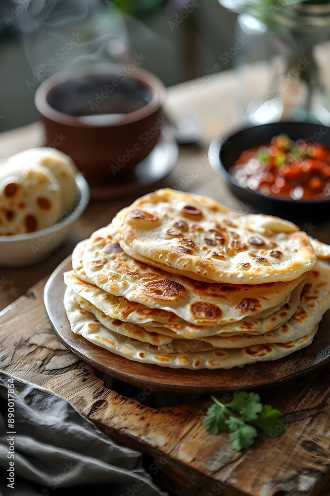 Freshly Made Roti Canai and Steaming Teh Tarik on Rustic Wooden Table in Cozy Cafe Setting Freshly Made Roti Canai and Steaming Teh Tarik on Rustic Wooden Table in Cozy Cafe Setting