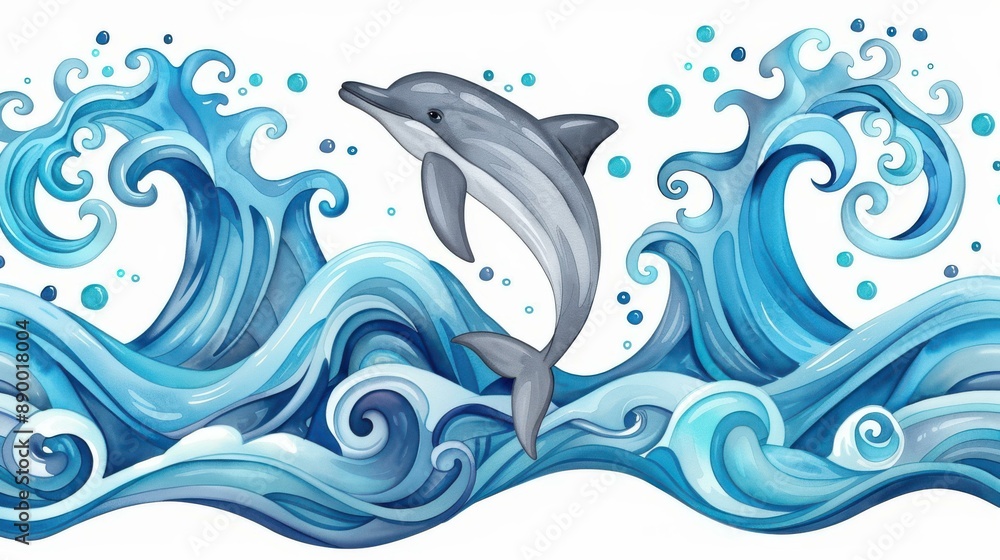 Peaceful dolphin in blue and grey, watercolor illustration on white background. Peaceful dolphin in blue and grey, watercolor illustration on white background.