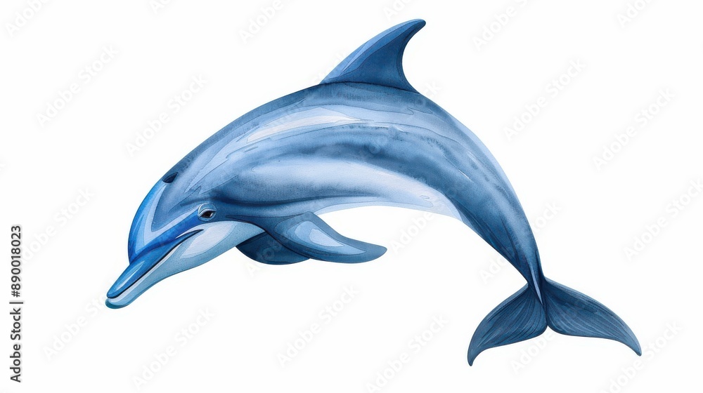 Fototapeta premium Peaceful dolphin in blue and grey, watercolor illustration on white background.