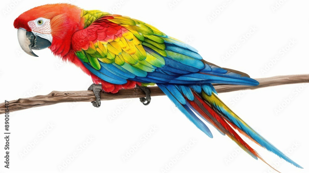 Obraz premium Colorful parrot perched on a branch, vibrant watercolor illustration on white background.
