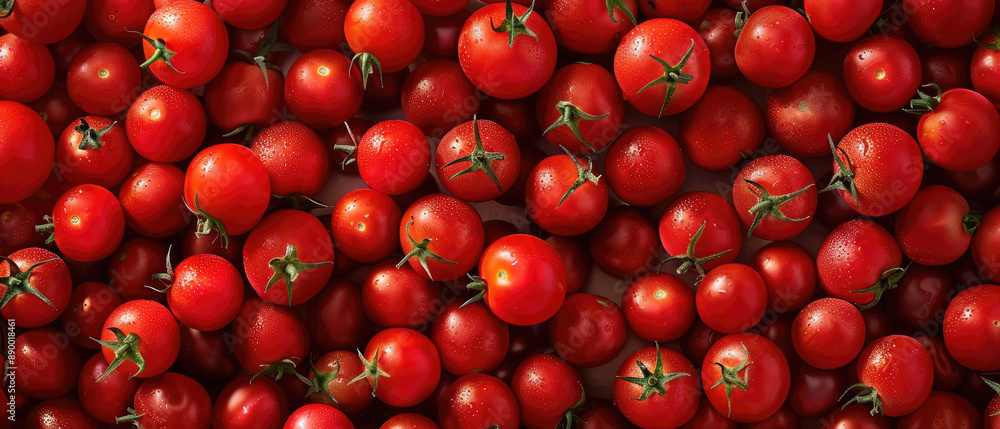 View of a bunch pile of fresh ripe red Tomato vegetables with neatly stacked leaves arranged from above on a wide flat textured background View of a bunch pile of fresh ripe red Tomato vegetables with neatly stacked leaves arranged from above on a wide flat textured background