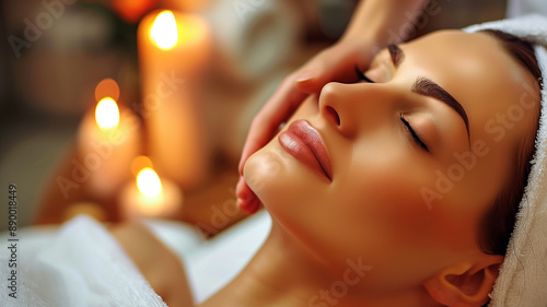 Close up of a woman receiving a relaxing facial spa treatment with a towel wrapped around her head, candles, and a serene atmosphere.