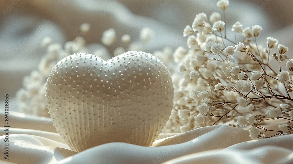 A white heart-shaped object sits atop a bed of white fabric beside a bouquet of baby's breath flowers A white heart-shaped object sits atop a bed of white fabric beside a bouquet of baby's breath flowers