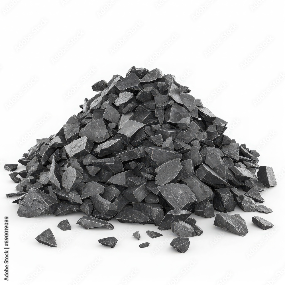 A heap of raw graphite flakes, raw material, 3D illustration, dark gray, isolated on white background A heap of raw graphite flakes, raw material, 3D illustration, dark gray, isolated on white background