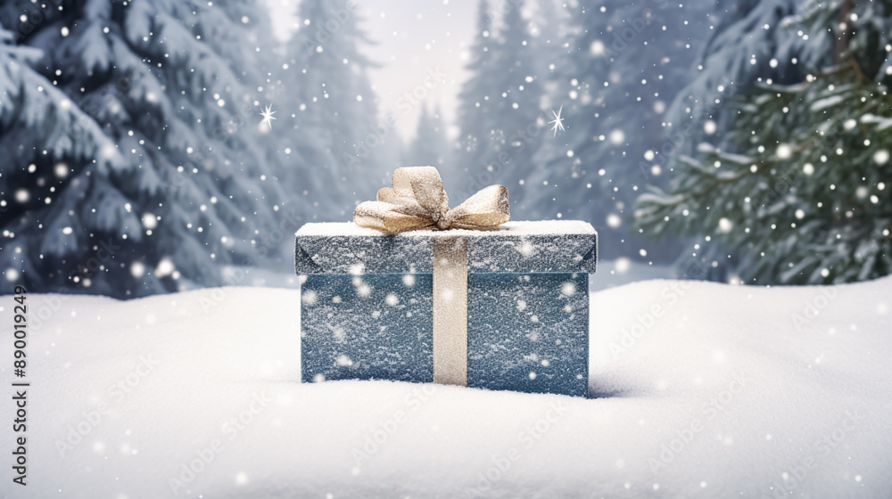 Christmas holiday gift and present, gift box in the snow in snowfall winter countryside nature for boxing day, holidays shopping sale idea Christmas holiday gift and present, gift box in the snow in snowfall winter countryside nature for boxing day, holidays shopping sale idea