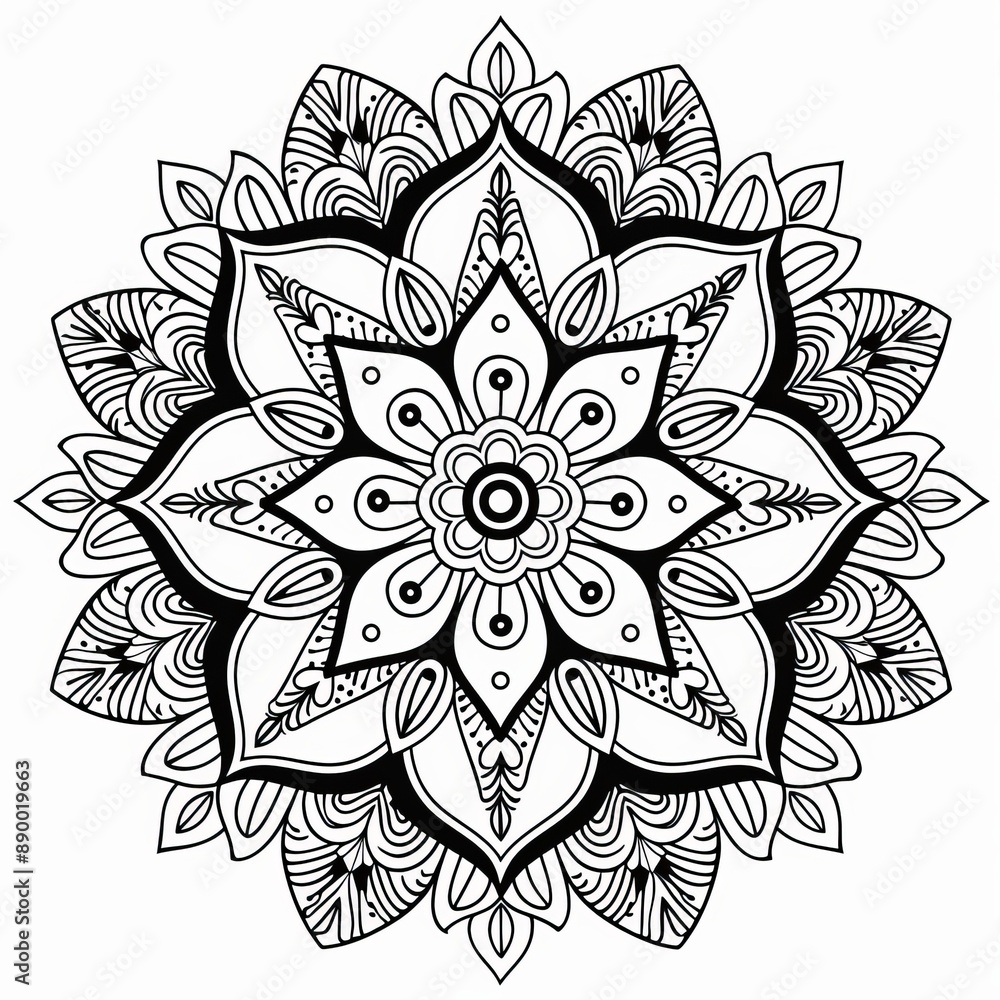 Black line mandala with delicate lace-like patterns on a white background Black line mandala with delicate lace-like patterns on a white background