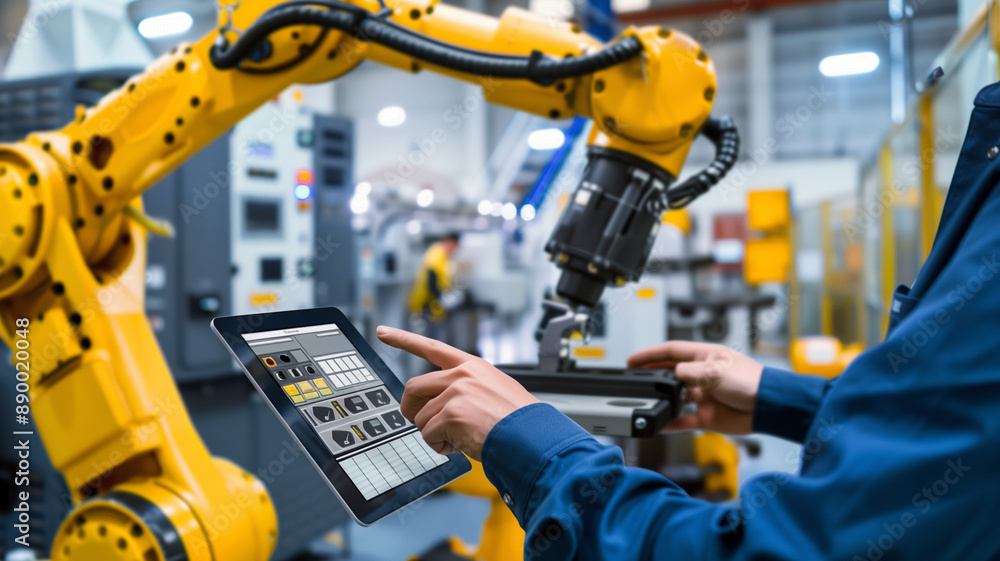 Engineer using a tablet to control a robotic arm in an automated factory, illustrating modern industrial automation and technology. Engineer using a tablet to control a robotic arm in an automated factory, illustrating modern industrial automation and technology.