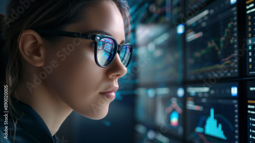 A focused woman with glasses closely analyzes data displayed on multiple screens, reflecting a deep engagement with technology and analytics.