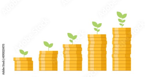 Shows financial development and business growth with tree plant growing on coins. The concept of saving money. Finance for sustainable development. Money grows. business income. Economic growth.