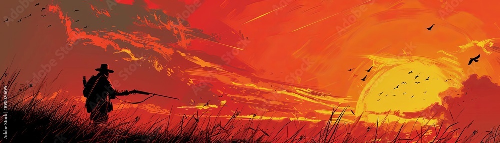 Silhouette of a cowboy with a rifle walking through tall grass at sunset, with vibrant red and orange sky. Silhouette of a cowboy with a rifle walking through tall grass at sunset, with vibrant red and orange sky.