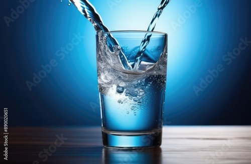 refreshing water is poured into a glass on a dark blue background