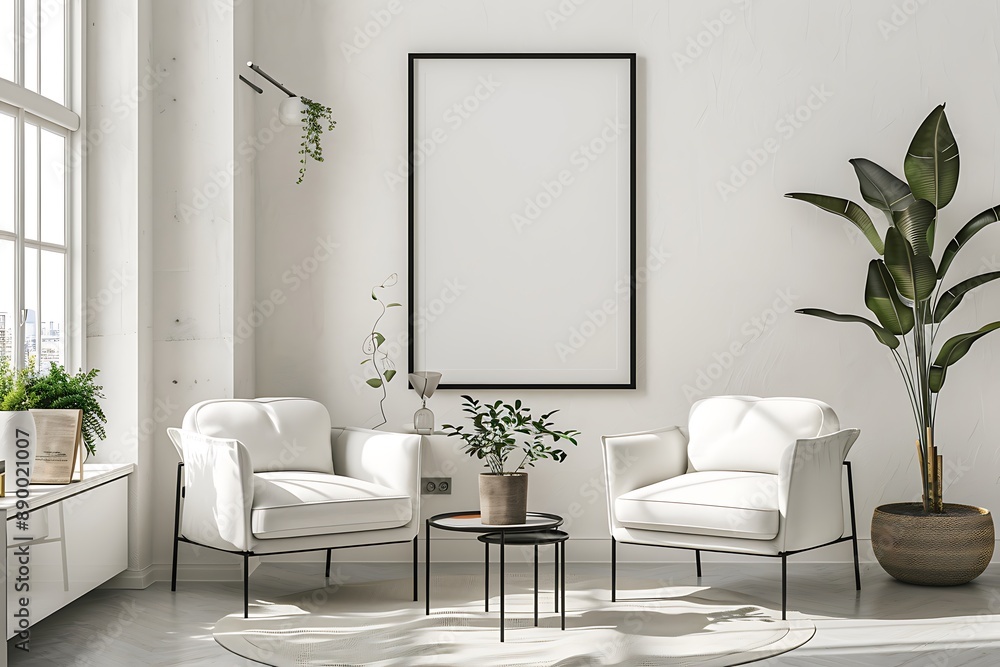 Minimalist yet elegant, a modern living room adorned with two comfortable armchair and a striking framed poster on a white wall. Minimalist yet elegant, a modern living room adorned with two comfortable armchair and a striking framed poster on a white wall.