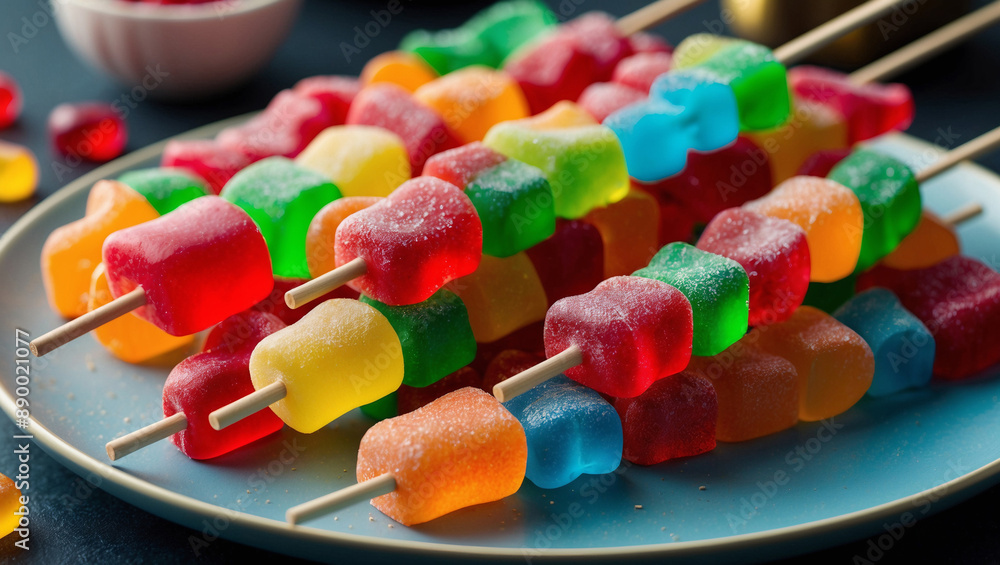 Close-up image of brightly colored gummy bears on wooden skewers, arranged on blue plate