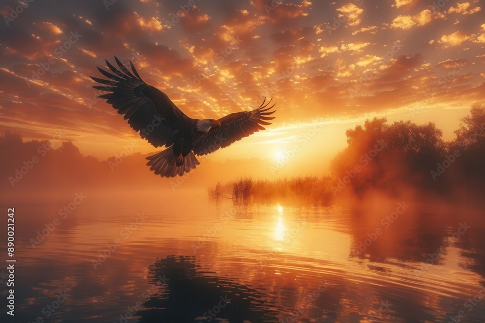Obraz premium Eagle above marshlands, vibrant sunrise, wideangle view, tranquil waters, detailed feathers, calm and majestic
