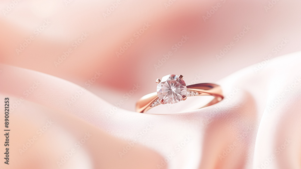 Obraz premium Jewellery, proposal and holiday gift, diamond engagement ring on pink silk fabric, symbol of love, romance and commitment inspiration