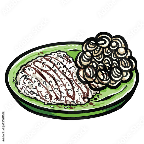 Nasi kerupuk kecap on green plate. Indonesian cheap delicious food combination illustration isolated on square white background. Flat cartoon art styled drawing.