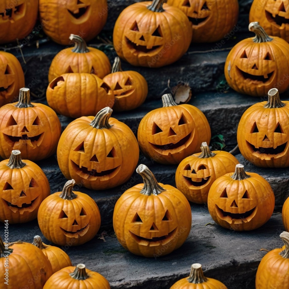 Halloween pumpkins on a black stairs,decorated halloween garden with carved orange pumpkins Halloween pumpkins on a black stairs,decorated halloween garden with carved orange pumpkins