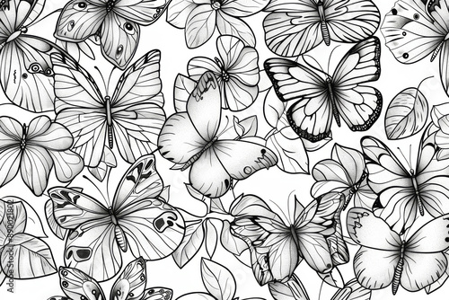 Mindfulness Coloring: Butterflies and Flowers Seamless Pattern Page | Coloring page for relaxation and creativity, ideal for stress relief coloring for both toddlers and adults.
