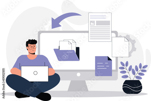 Upload Files Concept with Laptop Flat Illustration