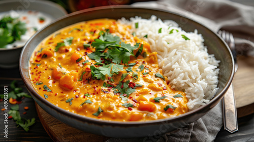 Yellow meat curry with rice delicious serving plate decorated with bright toppings, fresh coriander leaves, red chili flakes and crispy crust on wooden table