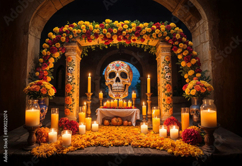 a day of the dead skull is surrounded by candles and flowers archway on the altar