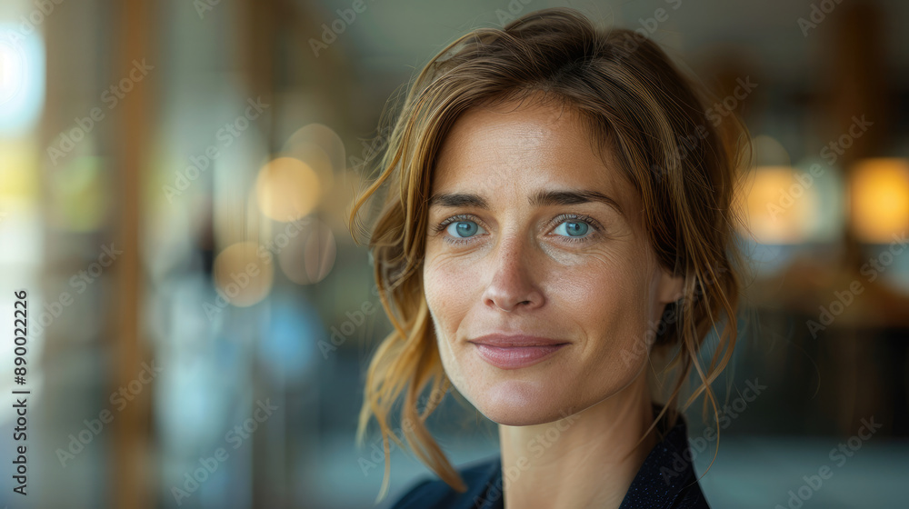 close-up view of middle-aged professional female manager face facing forward while smiling slightly graceful authoritative elegant expression close-up view of middle-aged professional female manager face facing forward while smiling slightly graceful authoritative elegant expression