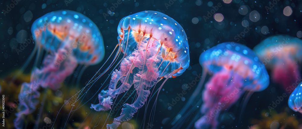 Glowing blue jellyfish creature swimming in underwater sea on dark ocean background Glowing blue jellyfish creature swimming in underwater sea on dark ocean background