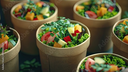 Round paper boxes with pre packaged vegetable salads ready for sale Eco friendly packaging photo