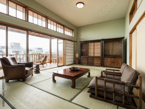 a Japanese Zen-inspired loft where natural bright lighting pours in from floor-to-ceiling windows, illuminating the carefully curated space.