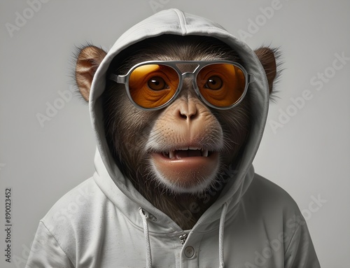 monkey with surprised face wear hoody and sunglasses on white background. ai generative 