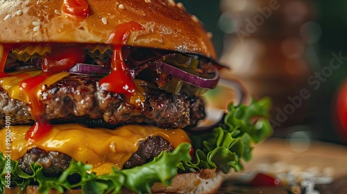 Closeup on appetizing cheeseburger with sauce photo